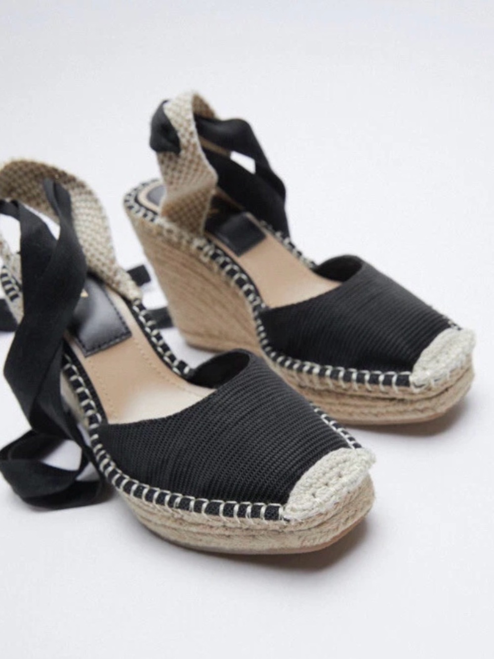 Zara Black Espadrille Wedge Sandals with Natural Trim size 7.5